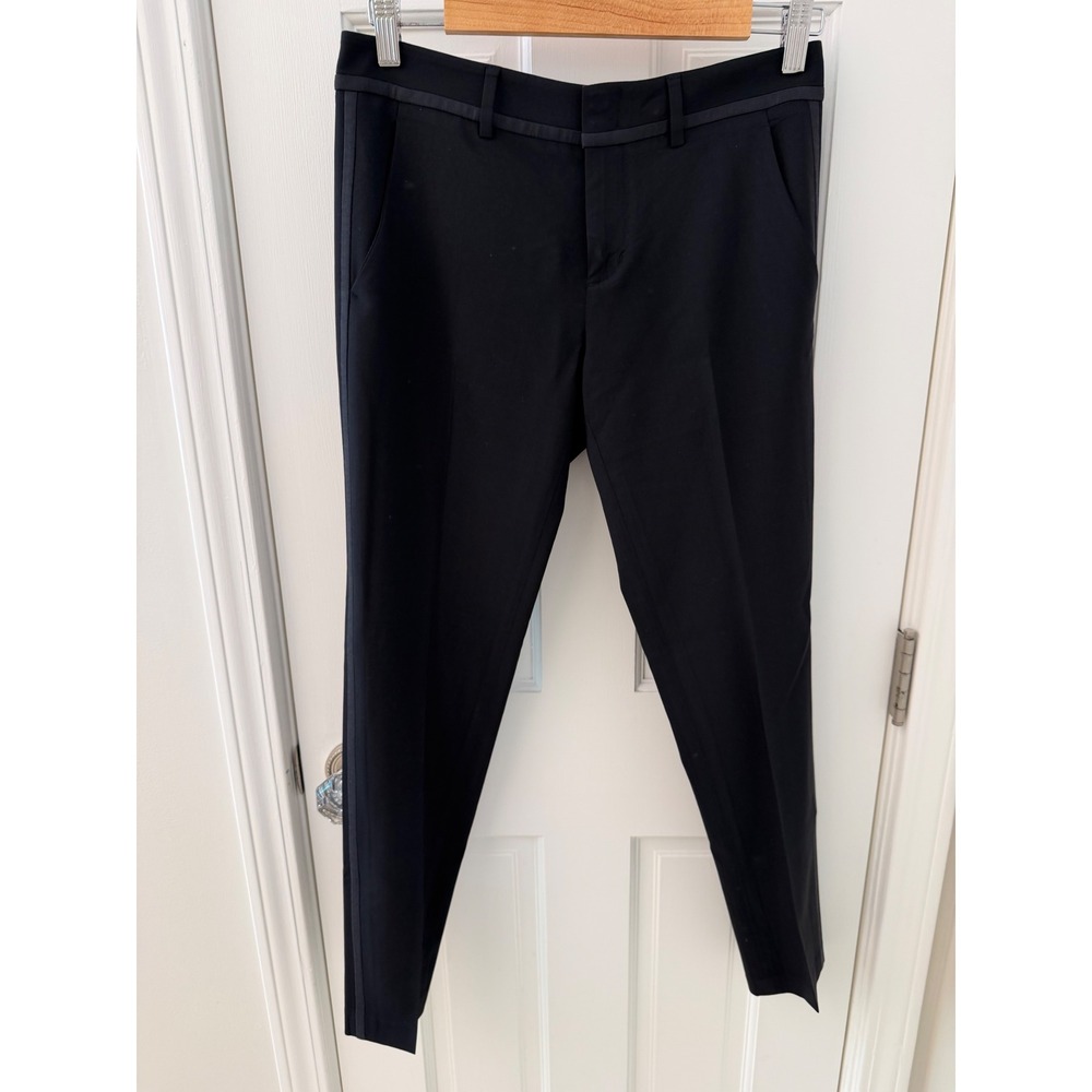 Vince Satin Trim Tuxedo Pants Black Wool Blend Low Rise Slim Fit Trousers Size 2